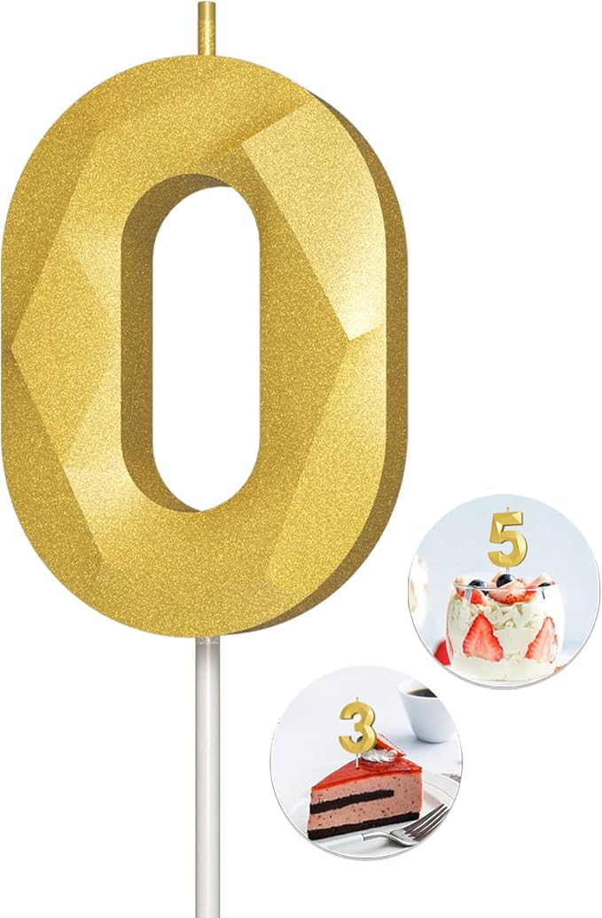 Number Birthday Candles(0 Candle Gold) 3D Diamond Shape Number Happy Birthday Cake Candles for Birthday Party Wedding Decoration Reunions Theme Party