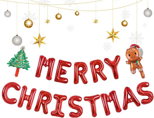 Merry Christmas Balloons Banner, Red Christmas Balloons for New Year Eve Holiday Festival Birthday Party Decorations (Red)
