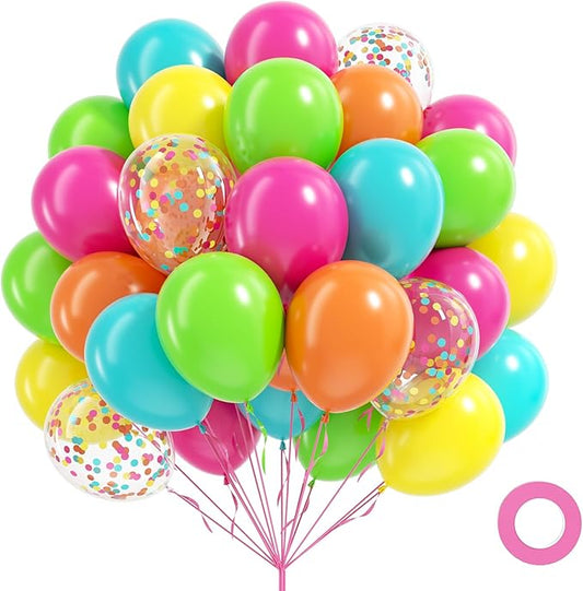 60pcs Tropical Balloons 12inch, Hawaiian Balloons with Hot Pink Lime Green Teal Blue Orange Yellow Confetti Balloon for Luau Tropical Hawaiian Beach Birthday Party Decorations