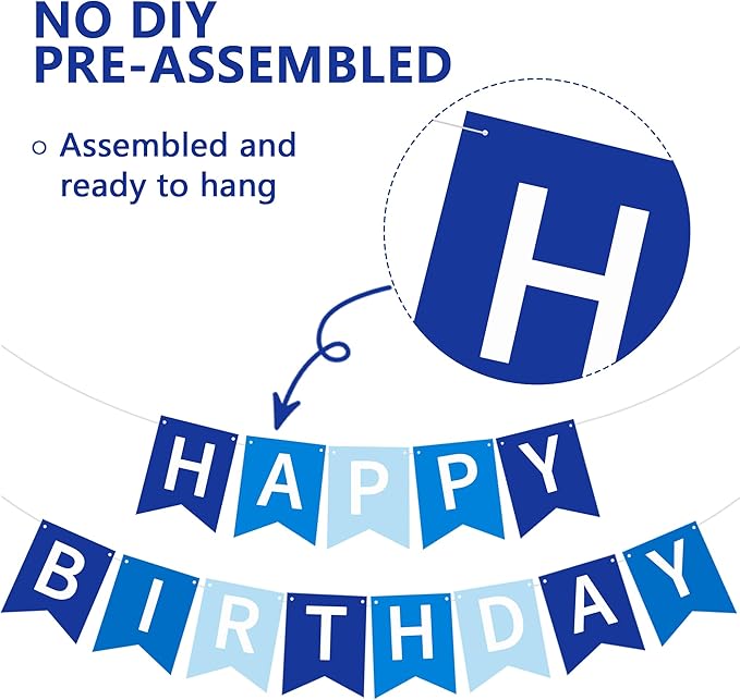 Happy Birthday Banner Pre-Strung Birthday Decorations Birthday Party Backdrop Sign Garland Party Supplies for Women Men Boys Girls,NO-DIY Nary Blue