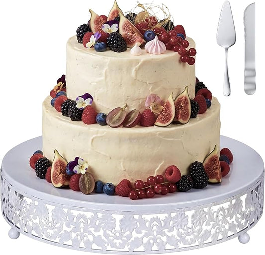 Wenqik 12 Inch White Cake Stand Set Metal Round Cupcake Dessert Stand with Cake Cutting, Spatula Wedding Cupcake Pastry Display Candy Holder Display for Wedding Party Birthday Baby Shower (Flower)
