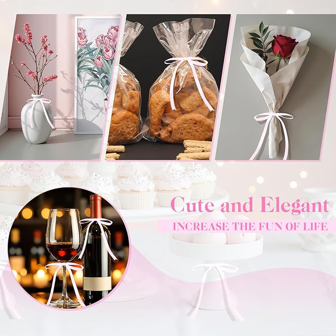 50 Pcs Satin Ribbon Bows 5x7 Inch Twist Tie Bows, Cute Pink Bow Decor for Gift Wrapping, Cake Treat Bags, Craft DIY Gift, Party Favors Wedding Decorations (Pink)