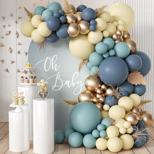 MEBAY Dusty Blue Balloon Garland Arch Kit, 166Pcs Retro Blue Pastel Baby Blue Macaroon Yellow Gold Metallic Balloons for Baby Shower Wedding Boy Birthday Decoration