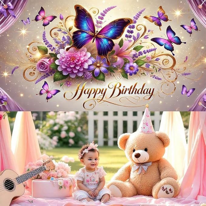 Happy Birthday Banner Colorful Butterfly and Floral Design Elegant Garden Style Wall Hanging for Birthday Party Celebration Home Decoration 70.87 x 43.31 Inch