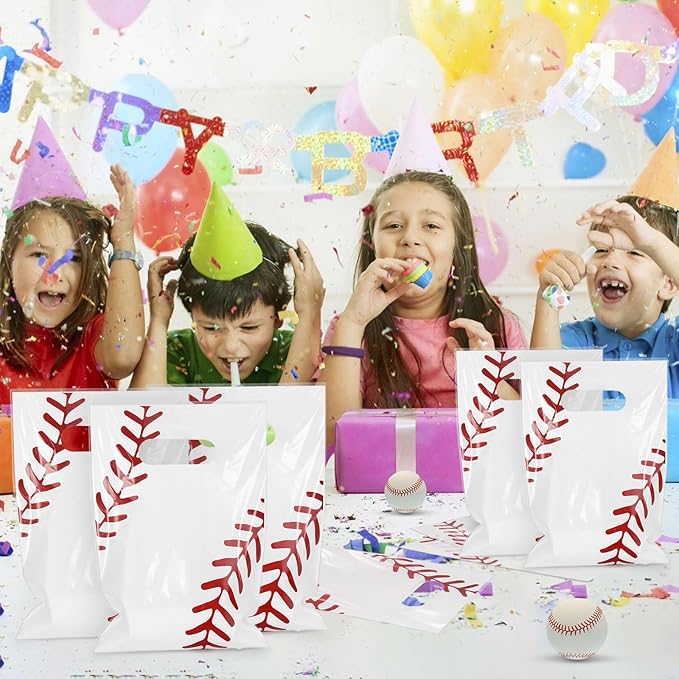 Hxezoc 50 Pieces Baseball Gift Bags with Handle, Plastic Treat Candy Bag Sport Favor Bags For Birthday Party Decoration Supplies