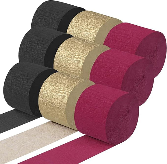 Crepe Paper Streamers 9 Rolls 738ft, Pack of Burgundy, Gold and Black Crepe Paper for Party Casino Graduation Birthday Baby Shower Decorations, 1.77 Inch x 82 Ft/Roll