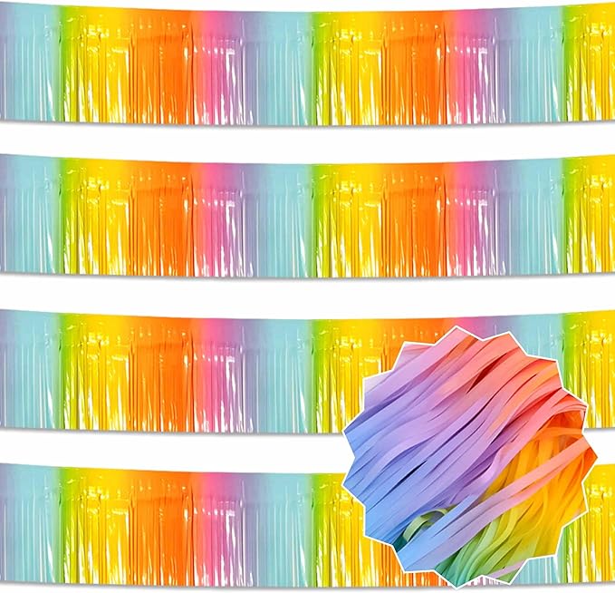 4 Pack 10 Ft Light Rainbow Foil Fringe Garland Metallic Streamers Tinsel Banner Wall Hanging Garland Backdrop for Parade Floats, Halloween, Christmas, Thanksgiving, New Year Party Decorations