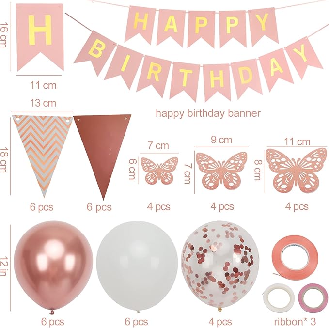 Rose Gold Birthday Decorations Women, Happy Birthday Banner for Girls Party Decorations with Balloons, Pennant Banner Flags and Rose Gold Butterfly Decorations