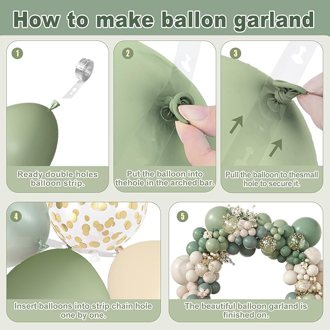Amandir 173Pcs Dusty Green White Sand Balloon Arch Garland Kit, Beige Cream Mist Olive Light Sage Green Gold Confetti Balloons for Birthday Baby Shower Woodland Wild One Wedding Party Decorations