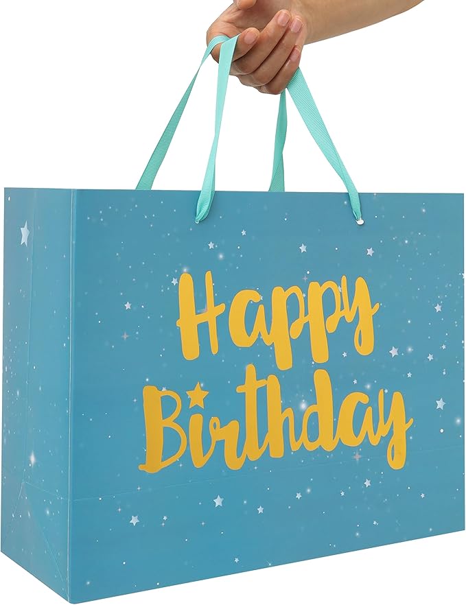 Qirrmiy 13” Large Green Happy Birthday Gift Bag Set with Handles, Greeting Card, Tissue Papers and Stickers for Women Men Boys Girls Kids, Stars Design, 1 Pcs.