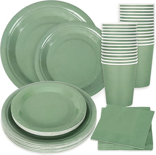 Whaline 100Pcs Sage Green Tableware Set Wedding Disposable Dinnerware Set 50 Paper Plates 25 Napkin 25 Cups for Wedding Birthday Bride Baby Shower Party Supplies Table Decorations