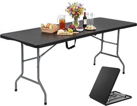 YITAHOME 6ft Folding Tables Heavy Duty Folding Table with Carrying Handle Plastic Fold up Table for Outdoor Camping Picnic Parties/Indoor Events All in Black