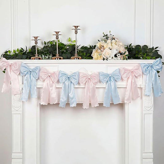 VitalCozy Pink Blue Bow Garland Decor for Gender Reveal Party Decorations, Pre-Strung Satin Ribbon Birthday Party Garland Bow Banner for Baby Shower Bachelorette Wedding Birthday Engagement Supplies