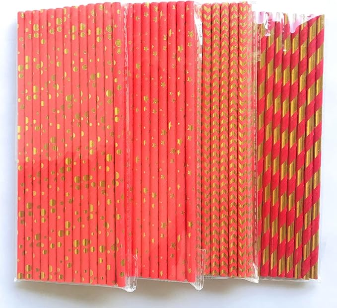 100 pcs Mixed Biodegradable Party Paper Straws, Disposable Red Gold Foil Striped Chevron Dot Star Drinking Straws Bulk, Holiday Christmas Valentine Wedding Cake Pop Sticks (All Wrapped Up)