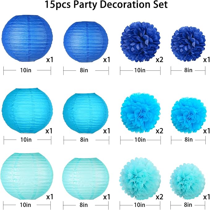 KAXIXI 15 Pcs Navy Blue Party Decorations - Easy Assemble Tissue Paper Pom Poms & Honeycomb Balls for Graduation 2026, Baby Boy Shower, Nautical Ocean Theme & Birthday Decor