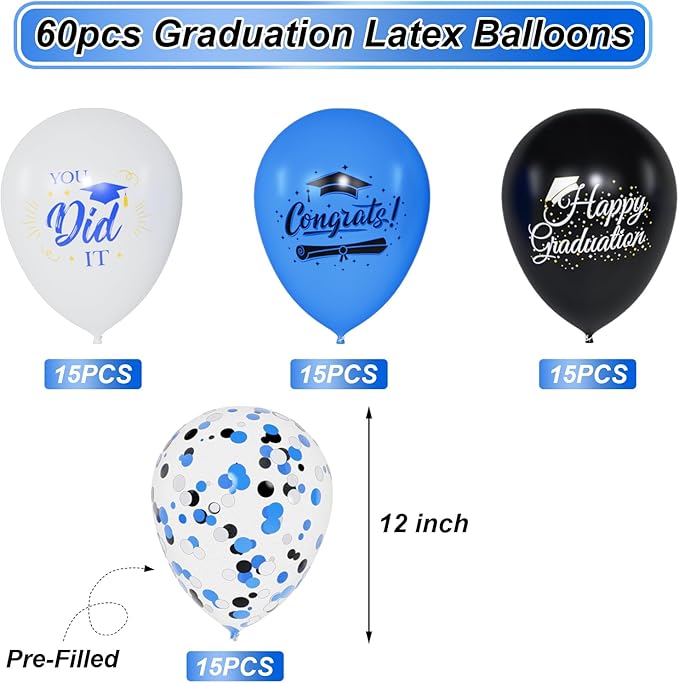 60 Pcs Graduation Balloons Class of 2026 Graduation Decorations - 12 Inch Congrats Grad Balloons Blue Black and White Latex Balloon Grad Party Decorations for College, High School