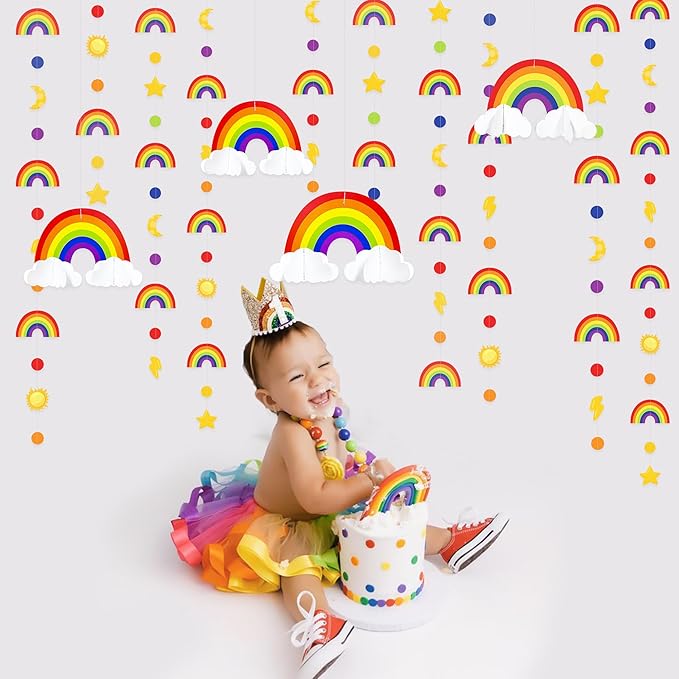 Rainbow Party Decorations 3D Cloud Rainbow Cutout Circle Dots Star Moon Lightning Hanging Colorful Garland Streamer for Birthday Baby Shower Wedding Carnival Party Supplies Classroom Nursery Decor
