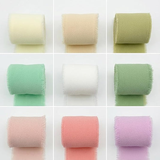 9 Pack Bulk Chiffon Ribbon 1.5 Inch x 45 Yards Total (5 Yd/Roll), Handmade Fringe Silk Ribbon for Florist Wedding Bouquets, Bloom Bar Supplies, Event Decor and Bridal Showers