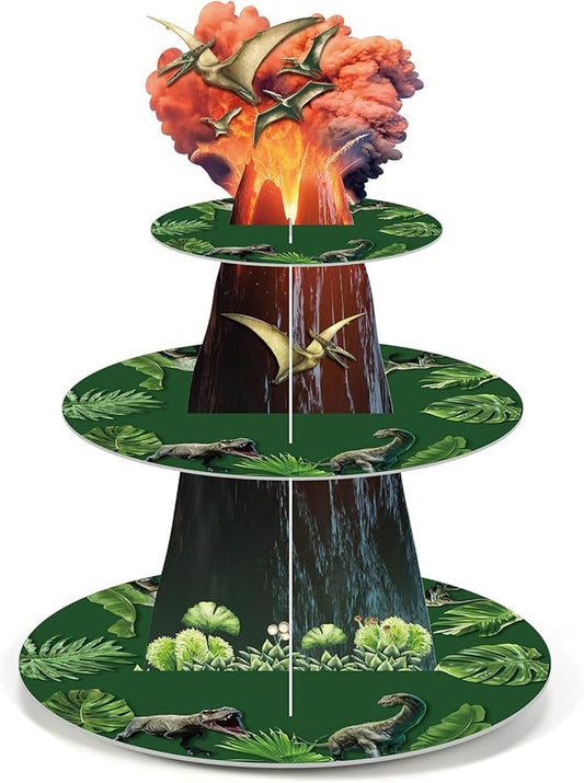 Zopeal 3 Tier Dinosaur Cupcake Stand Dinosaur Theme Cupcake Holder Dino Jurassic Volcano Dessert Tower for Kids Birthday Baby Shower Dino Theme Party Supplies