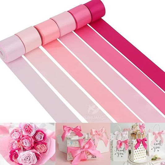 HUIHUANG Pink Ribbon 1-1/2" Satin Ribbon Assorted Pink/Hot Pink Satin Ribbons for Flower Bouquet, Gift Wrapping, Hair Bows Crafts, Wedding Bridal Shower Decor- 6 Rolls, Total 30 Yards