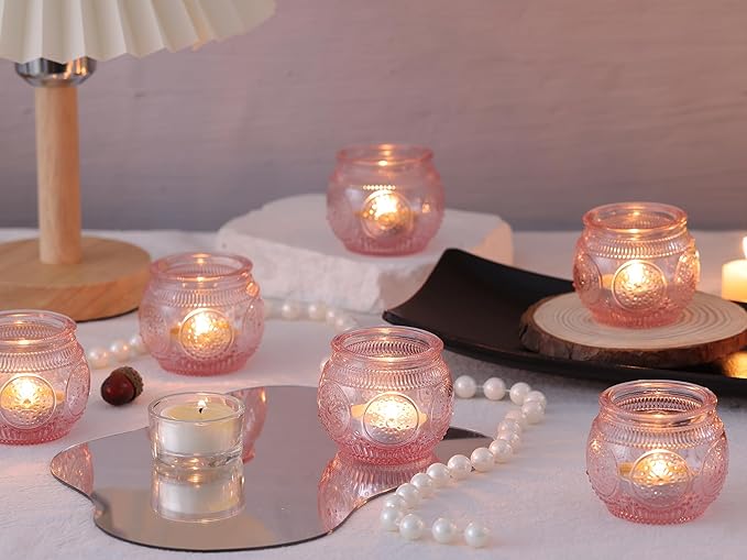 24 Pcs Pink Candle Holder for Bridal Shower, Wedding Table Decorations- Floral Style Pink Votive Candle Holder, Centerpieces for Birthday, Engagement Party Decor