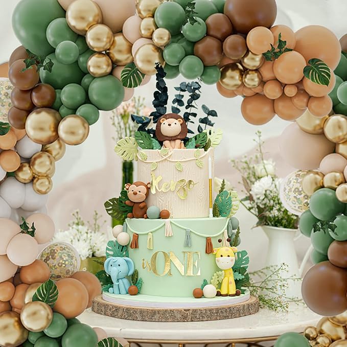 142PCS Sage Green Brown Balloon Garland Kit Jungle Safari Wild Woodland Balloon Arch Olive Green Gold Coffee Cocoa Balloons for Wedding Birthday Shower Party Decorations