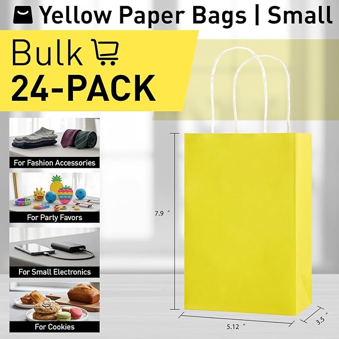 SUNCOLOR 24-Pack Yellow Paper Gift Bags with Handles, 7.9x5.12x3.15 Inches,Small Kraft Paper Bags, Includes Tissue Paper for Parties, Birthdays, Easter, Baby Showers