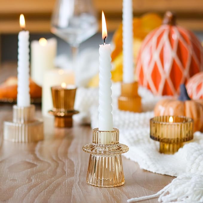 Gold Candlestick Holders 6PCS for Tealight Candle Stick Candles, Ribbed Glass Taper Candle Holders Set Table Centerpieces for Thanksgiving Christmas Farmhouse Decor Indoor and Outdoor