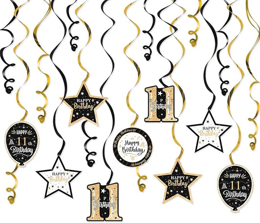 Happy 11th Birthday Black & Gold Glitter Swirls Streamers Party Decorations - 15 Pcs 11th Birthday Hanging Swirls Streamers Kit,Cheers to Eleven Years Old Bday Party Sign.