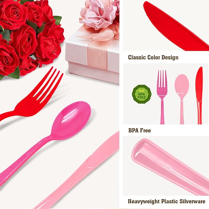 153 Pcs Valentine's Day Plastic Silverware Heavy Duty Disposable Tableware Sets Includes Spoons Forks Knives for Valentine's Day Party Decorations (Pink, Hot Pink, Red)
