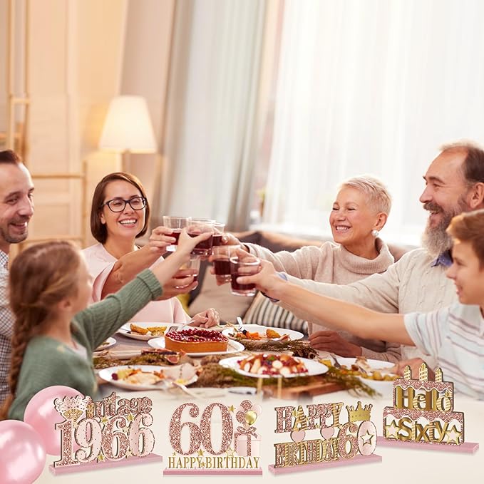 4 Pieces 60th Birthday Vintage 1966 Wooden Table Centerpieces Decoration for Women, Pink Rose Gold Happy 60 Birthday Table Sign Party Supplies, Hello Sixty Year