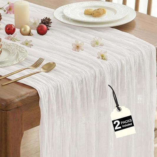 IVAPUPU 2 Pcs Cheesecloth Table Runner - 10ft Ivory White Spring Boho Gauze Cheese Cloth Table Runners for Baby Shower Decorations Wedding Party Garden Farmhouse Decor