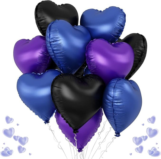 Blue Purple Heart Balloons, 12Pcs 18 Inch Metallic Blue Purple Black Heart Shape Foil Helium Large Balloons for Cartoon Kid Birthday Outer Space Astronaut Theme Baby Shower Video Game Party Decoration