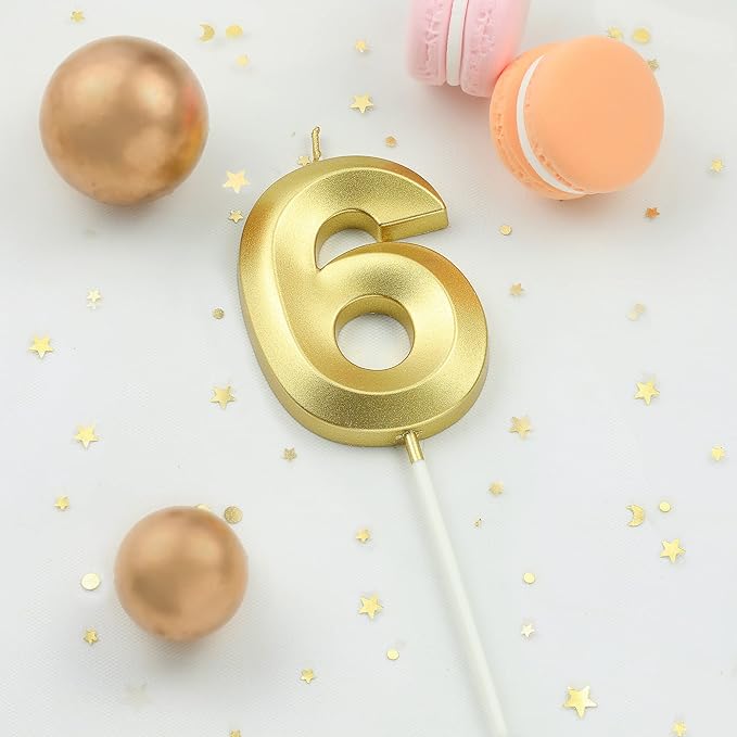 2.76 Inch Diamond Gold 6 Number Birthday Candles, Gold & Cake Number Candles, Party Celebration