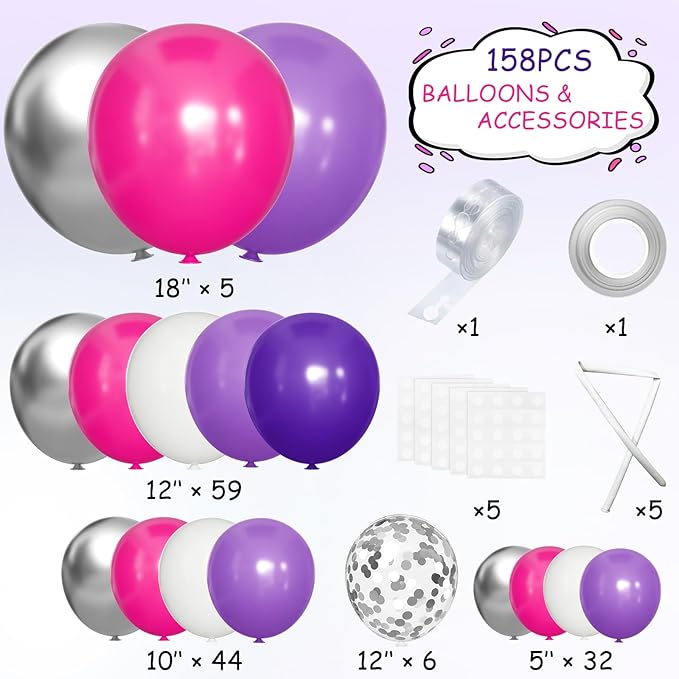 MEBAY Hot Pink Purple Silver Baloon Garland Arch Kit, 146Pcs Latex Balloons Different Sizes 18 12 10 5 inch for Women Girls Birthday Baby Shower Wedding Party Decorations