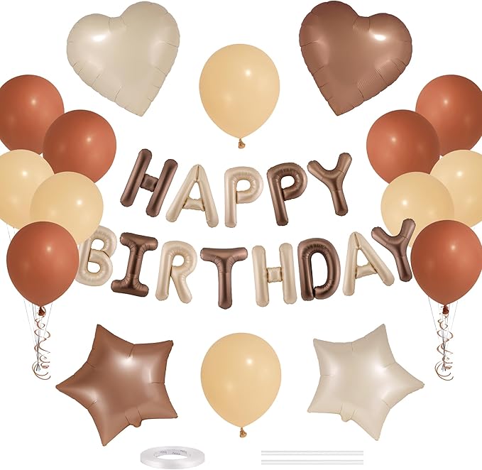 CANREVEL Happy Birthday Balloons Banner 16 Inch Mylar Foil Letters with Star & Heart Balloons Birthday Party Decorations for Men and Women - 29 Pcs Caramel chocolate