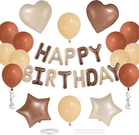 CANREVEL Happy Birthday Balloons Banner 16 Inch Mylar Foil Letters with Star & Heart Balloons Birthday Party Decorations for Men and Women - 29 Pcs Caramel chocolate