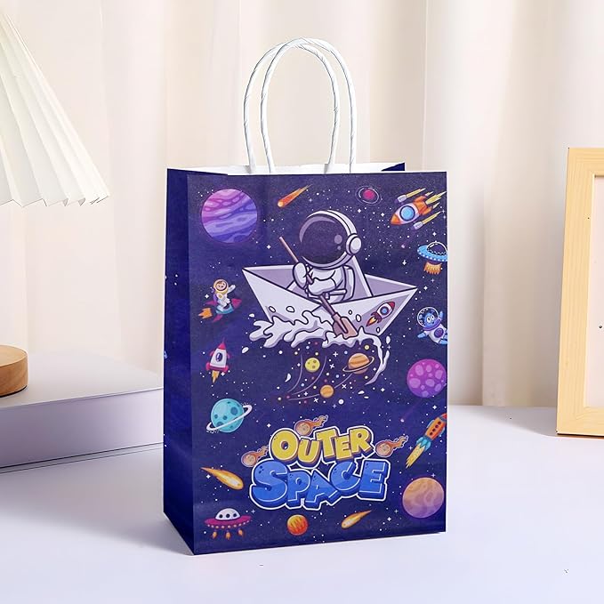 JALEBRO 24PCS outer space alien astronaut theme Party Favors Gift Bags Bulk with Handle, Paper Snack Treat Goodie Bag for Space Goody Bags Birthday Party Decorations Supplies 8"x5.9"x3.1" (space)