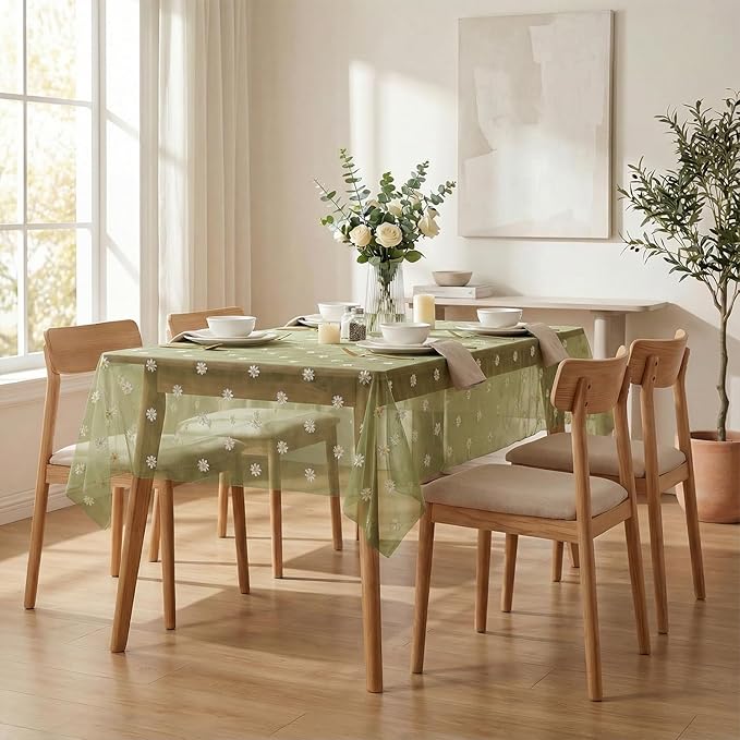 Horaldaily Sage Green Embroidery Daisy Spring Summer Gauze Tablecloth 60×84 Inch Rectangular, Seasonal Tulle Table Cover, Garden Party Decorations for Wedding, Party, Holiday Dining