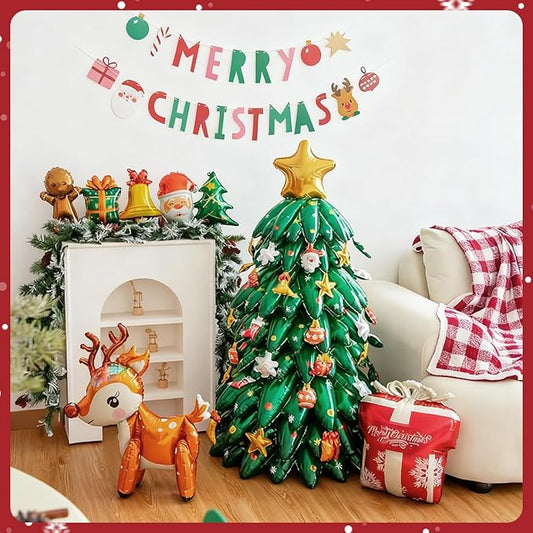 [5 in 1] Clearance Christmas Decor Set Foil Balloons Decoration, Mylar Balloons with Xmas Tree, Xmas Banner, Reindeer, Red Gift Box with Air Pump & String for Christmas Party