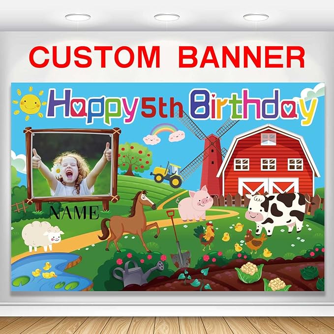 Custom Farm Animal Happy Birthday Party Decorations Supplies Personalized Farm Animal Barn Cow Farmhouse Birthday Backdrop Banner(5x7.5ft)