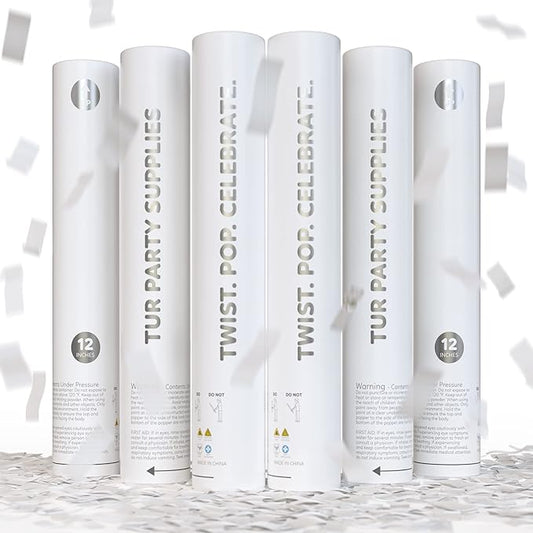 White Biodegradable Confetti Poppers Confetti Cannon | 6 Pack | Party Poppers Decoration for Wedding Exit, Graduation, Birthday | Wedding Party Favors | Launches 25 ft | 12 inch | TUR Party Supplies