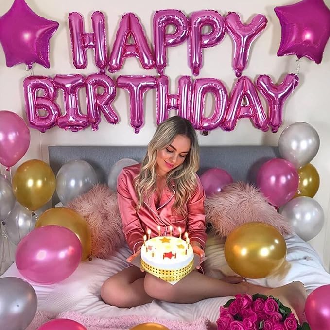 CANREVEL Happy Birthday Banner 13pcs 16 Inch Mylar Foil Letters with 12pcs Star Balloons Birthday Party Decorations for Kids and Adults - 3D Hot Pink
