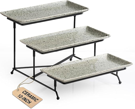 LAUCHUH 3 Tier Serving Tray, Porcelain Serving Platters and Trays for Party 12 Inch Tiered Tray Stand Cupcake Stand with Collapsible Sturdier Rack for Father's Day Serving Food, Speckled Gray