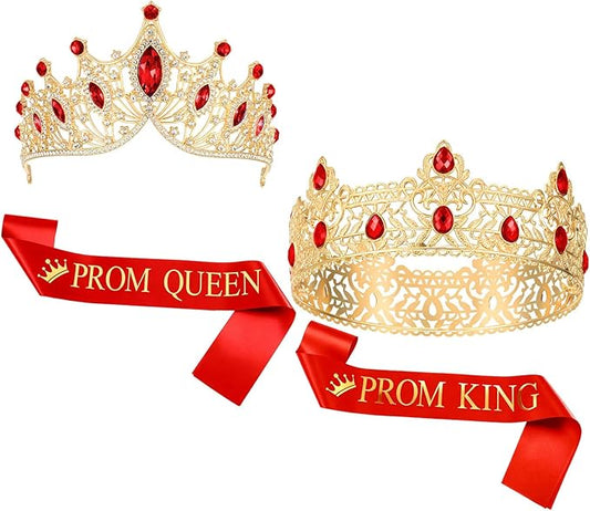 Ferreve 4 Pcs Prom King and Queen Crowns and Sashes Set Prom King and Queen Tiara Sash for Graduation Homecoming Costume Wedding Birthday (Red)