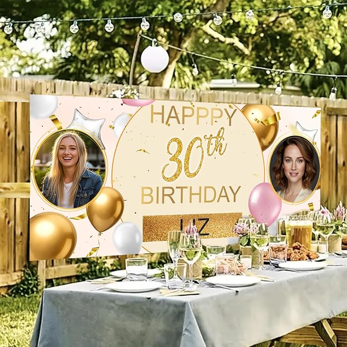 Custom Birthday Banners Personalized with Pictures and Name, Happy Birthday Backdrop Decorations for Husband Him Men, Celebration Banner for Unique Party Event