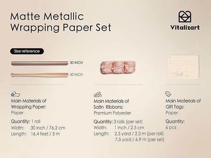 Vitalizart Pink Matte Metallic Wrapping Paper Set 30" With Silk Satin Ribbon & Gift Tags Christmas Gift Wrapping Birthday Baby Shower Wedding Bouquets Handmade Crafts 197"(16.4 Ft) Pink Ribbon