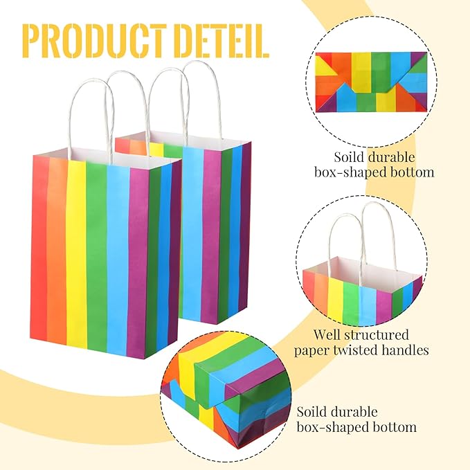 TaoBary 36 Pcs Rainbow Party Treat Bags Rainbow Gift Bags Colorful Stripes Kraft Paper with Handles and Colorful Tissue Paper for Gay Parade Festival Party Supplies
