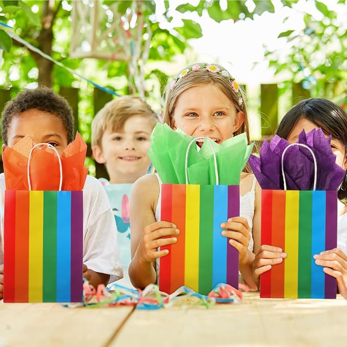 TaoBary 36 Pcs Rainbow Party Treat Bags Rainbow Gift Bags Colorful Stripes Kraft Paper with Handles and Colorful Tissue Paper for Gay Parade Festival Party Supplies