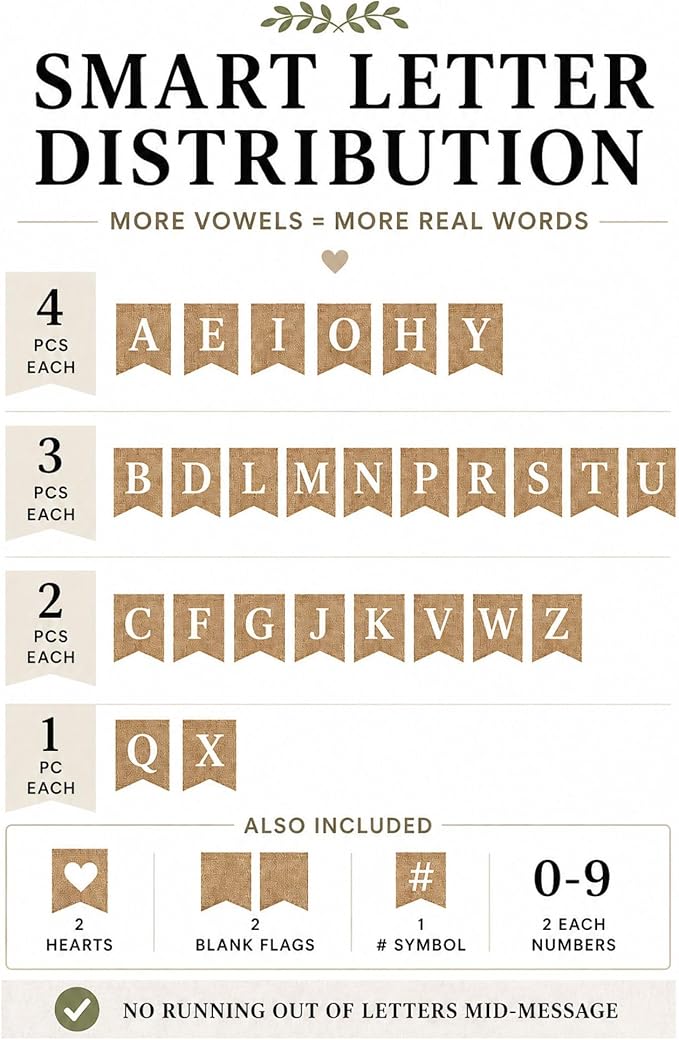 Pre-Printed Banner Kit – 97 BURLAP Flags with WHITE Letters, Numbers & Symbols, Reusable DIY Custom Banner, Make Your Own Personalized Party Banner, Faux Burlap, Includes Twine & 2 Needles
